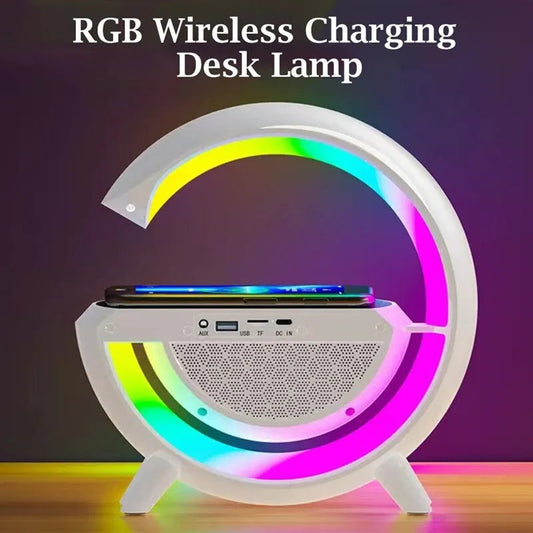 G-Type Shape Wireless Rechargeable Mobile Phone LED Colorful Table Lamp Charger with Bluetooth Speaker and many Feature