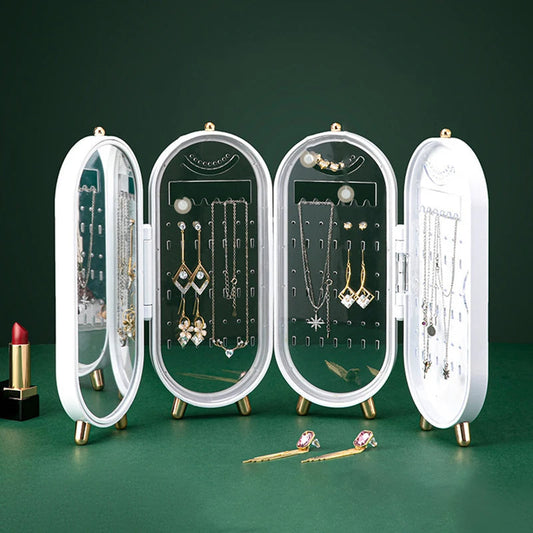 Foldable Jewelry Box Storage Organizer With Mirror Plastic Storage Container For Woman Earrings Necklace Ring Desk Storage Rack