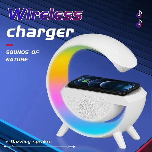 G-Type Shape Wireless Rechargeable Mobile Phone LED Colorful Table Lamp Charger with Bluetooth Speaker and many Feature