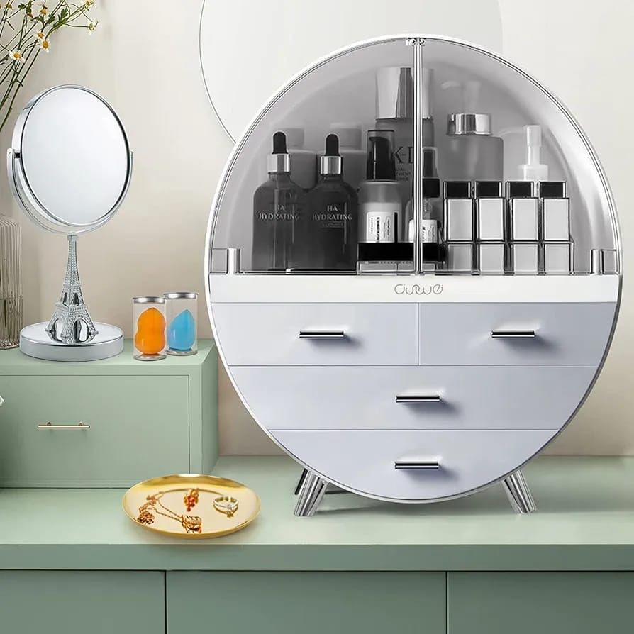 3 Drawer Round Dustproof Vanity Box – Makeup & Jewelry Storage Organizer.