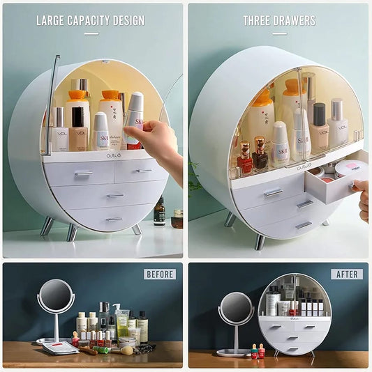 3 Drawer Round Dustproof Vanity Box – Makeup & Jewelry Storage Organizer.